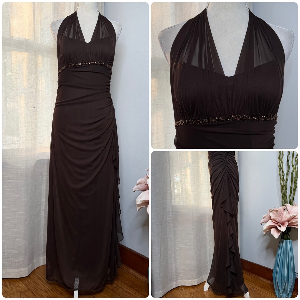 Y2K Vintage Blondie Nites Halter Beaded Mesh Ruched Ruffle Dress Brown Womens 13